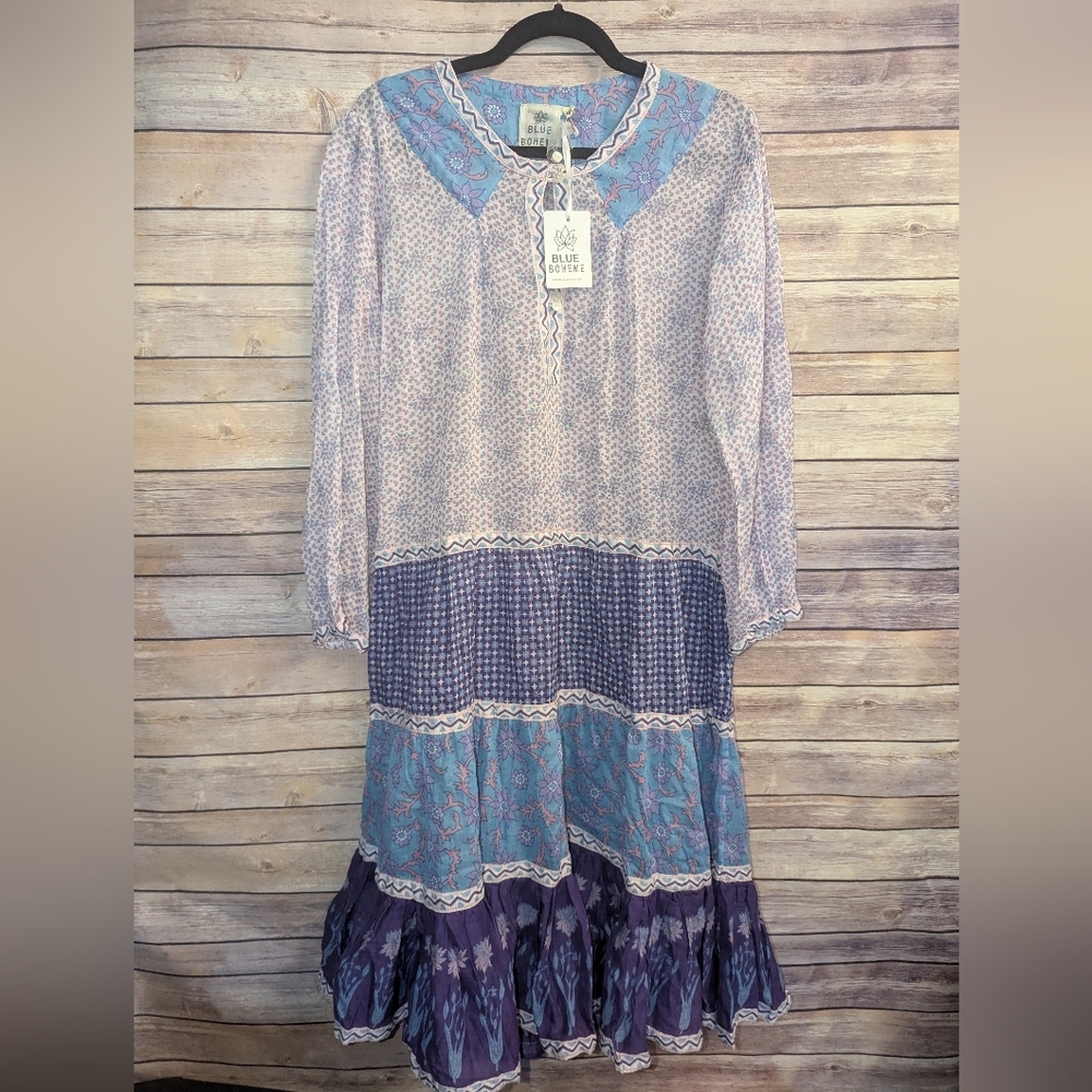 Cottagecore Maxi Bohemian Blue and Purple Maxi Dress M/L 100% Cotton Dress